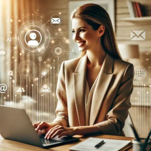 Business en ligne accessible à toutes une femme confiante travaillant sur son laptop, entourée de symboles digitaux et d’intelligence artificielle, renforçant l'idée que l'entrepreneuriat en ligne est accessible et moderne